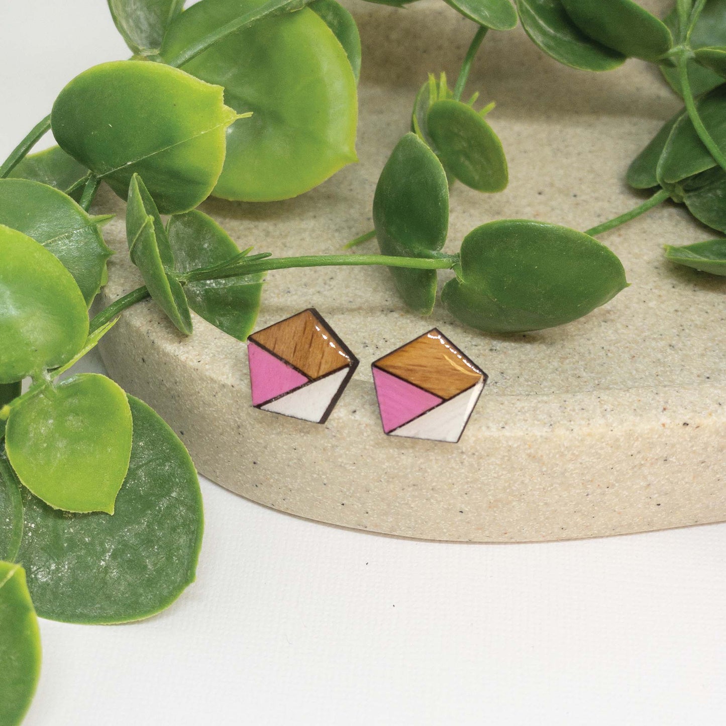 Bubblegum Pink + White | Wooden Stud Earrings