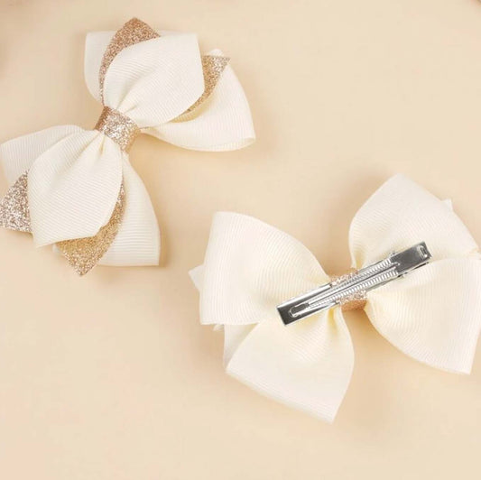 Cream + Gold Glitter | Hair Bow Clip