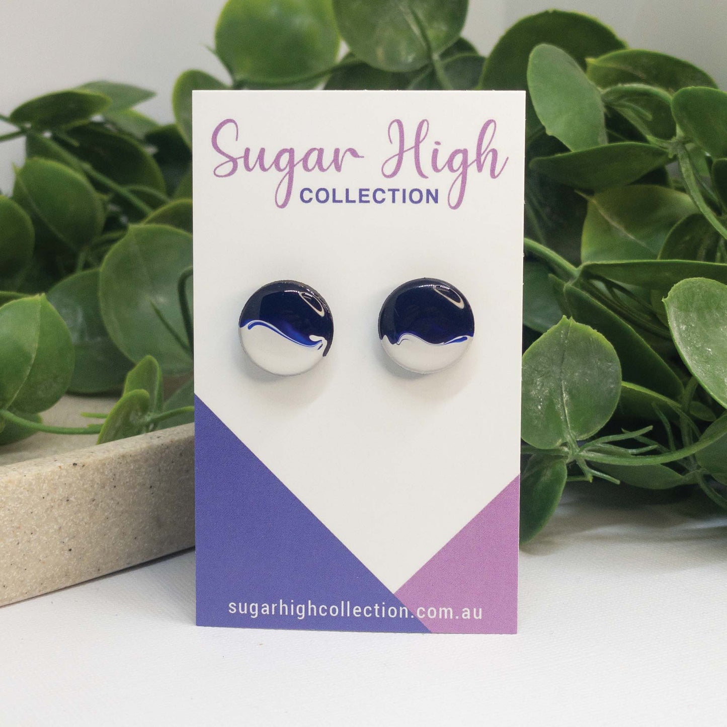 Indigo Blue + White | Wooden Stud Earrings