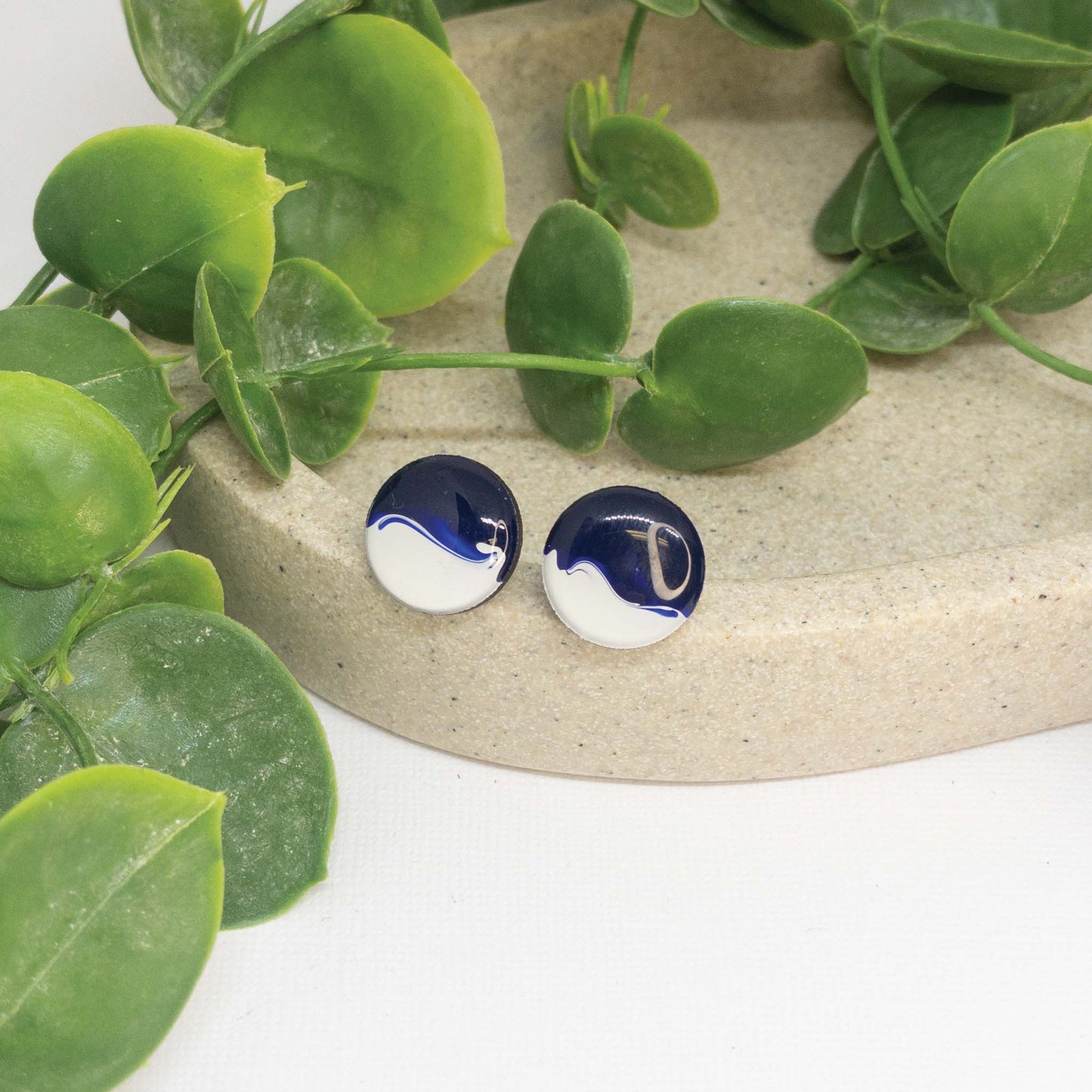 Indigo Blue + White | Wooden Stud Earrings