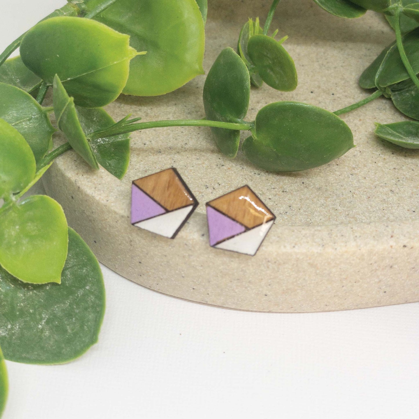 Lavender + White | Wooden Stud Earrings