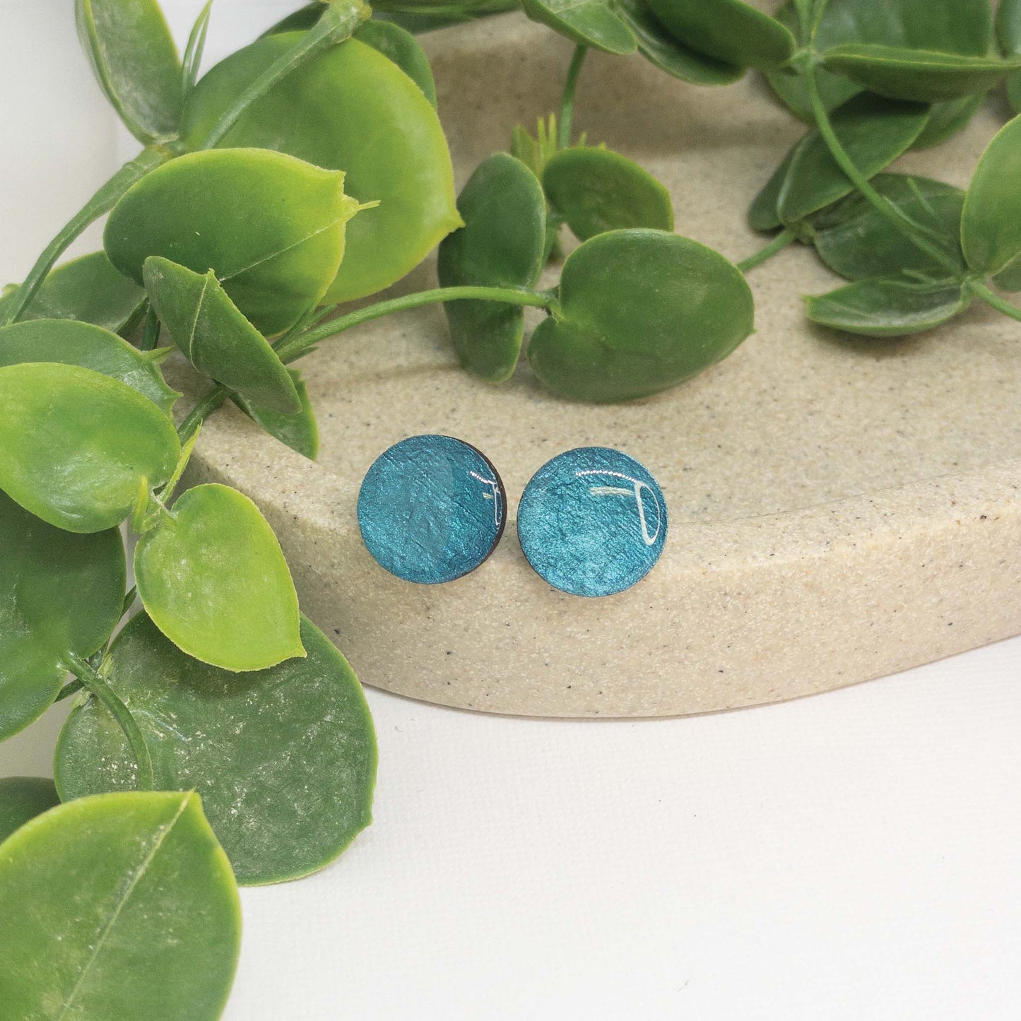 Metallic Teal | Wooden Stud Earrings