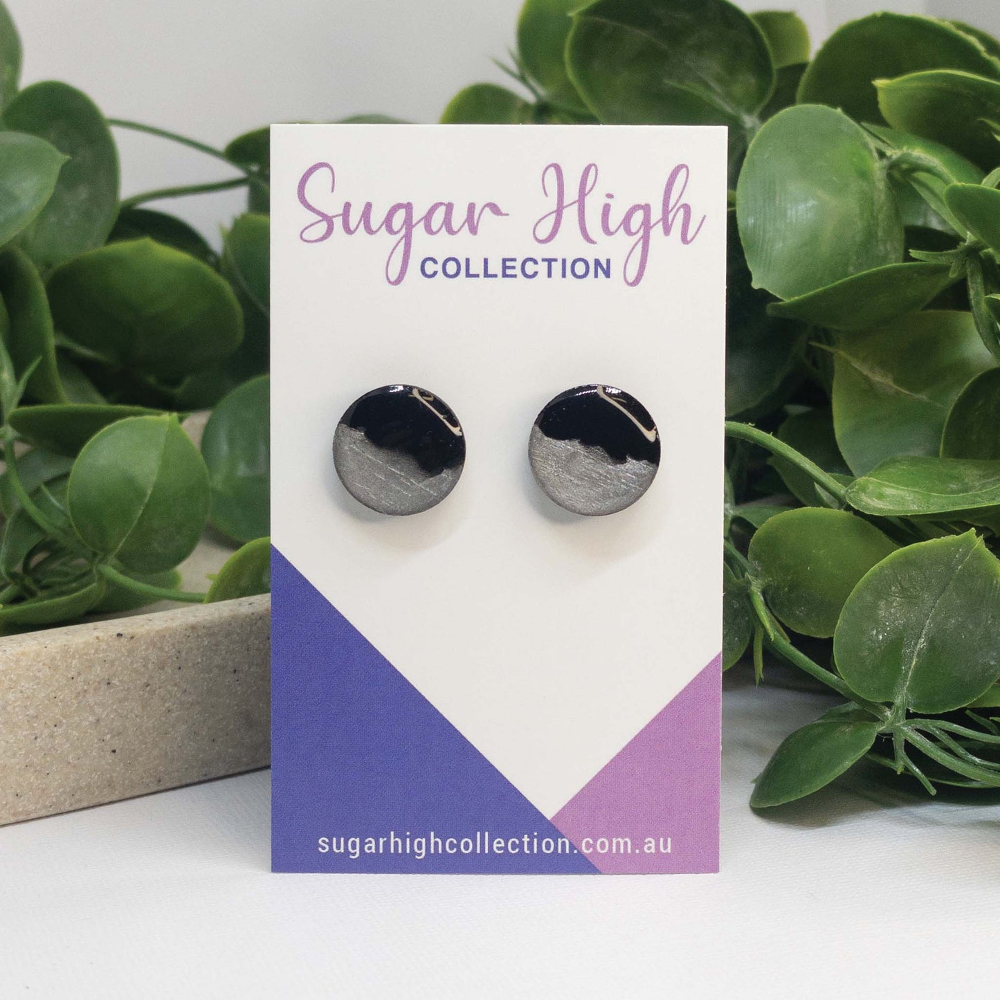 Silver Glow + Black | Wooden Stud Earrings