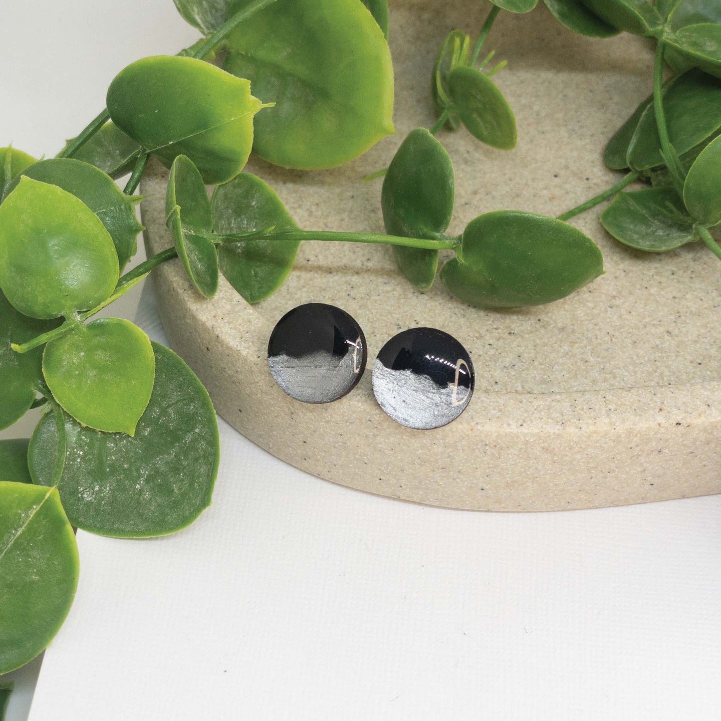 Silver Glow + Black | Wooden Stud Earrings
