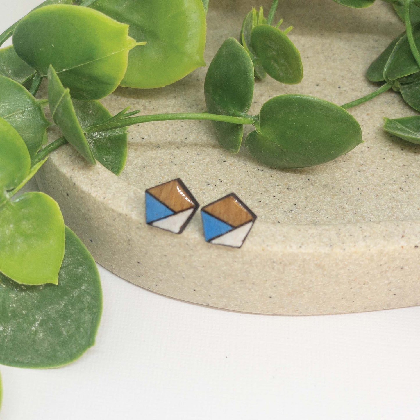 Sky Blue + White | Wooden Stud Earrings