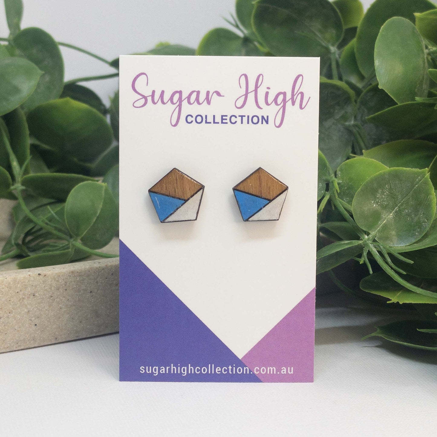 Sky Blue + White | Wooden Stud Earrings