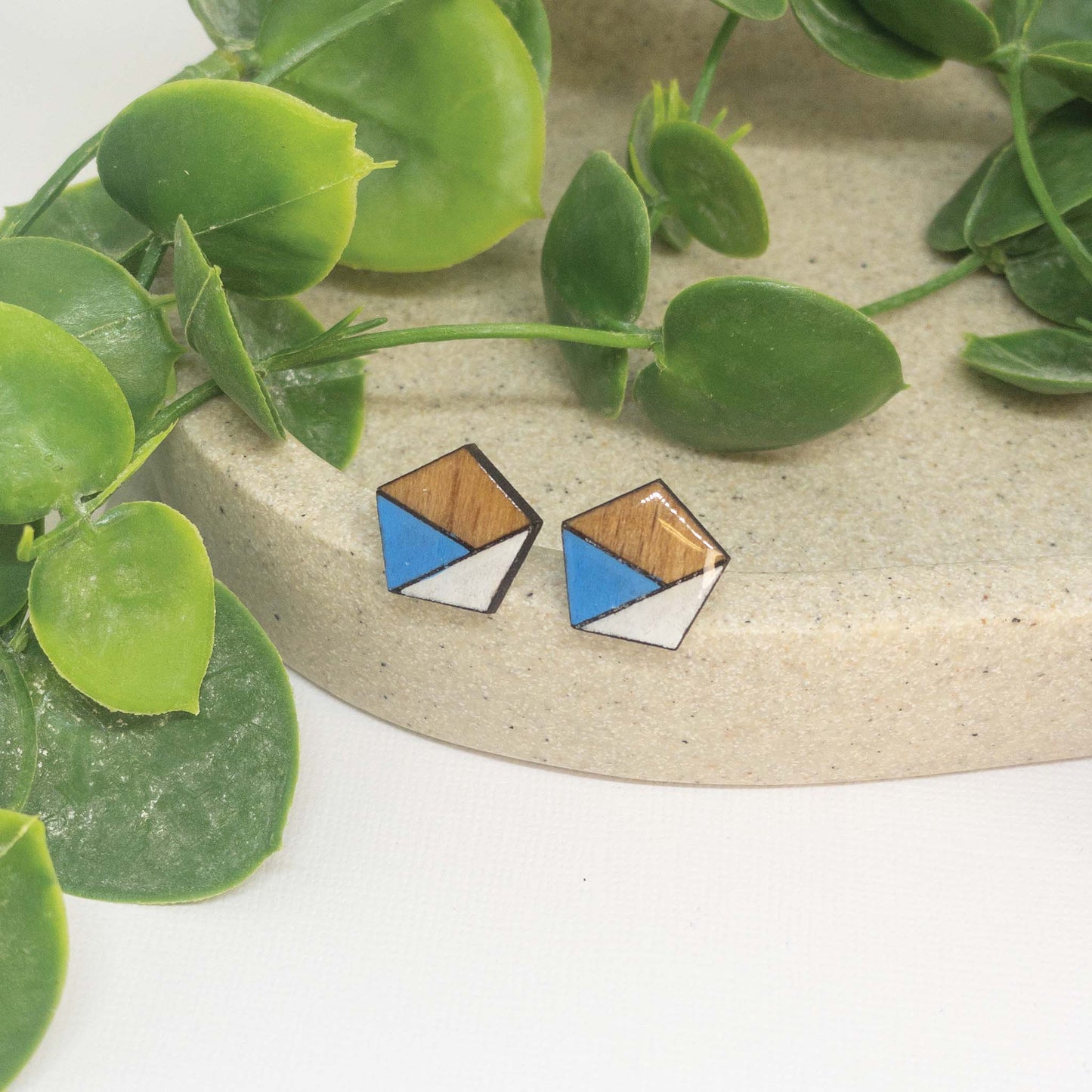 Sky Blue + White | Wooden Stud Earrings