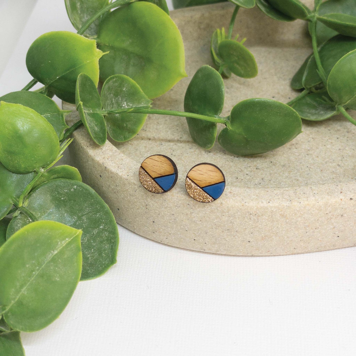 Blue Sparkle | Wooden Stud Earrings