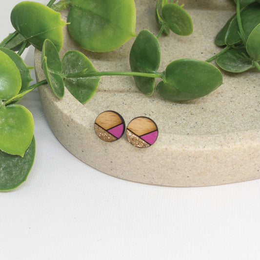 Pink Sparkle | Wooden Stud Earrings