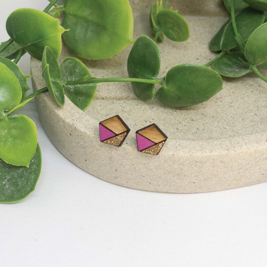 Pink Sparkle | Wooden Stud Earrings