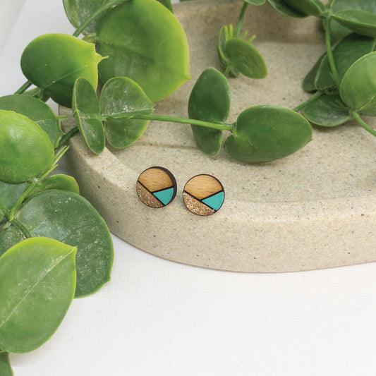 Teal Sparkle | Wooden Stud Earrings