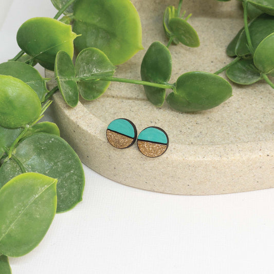Teal Sparkle | Wooden Stud Earrings