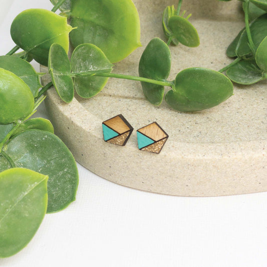 Teal Sparkle | Wooden Stud Earrings