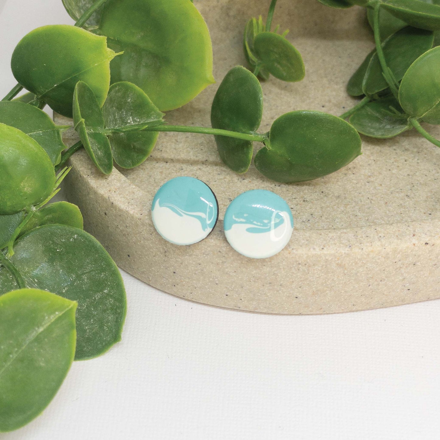 Turquoise Bay + White | Wooden Stud Earrings