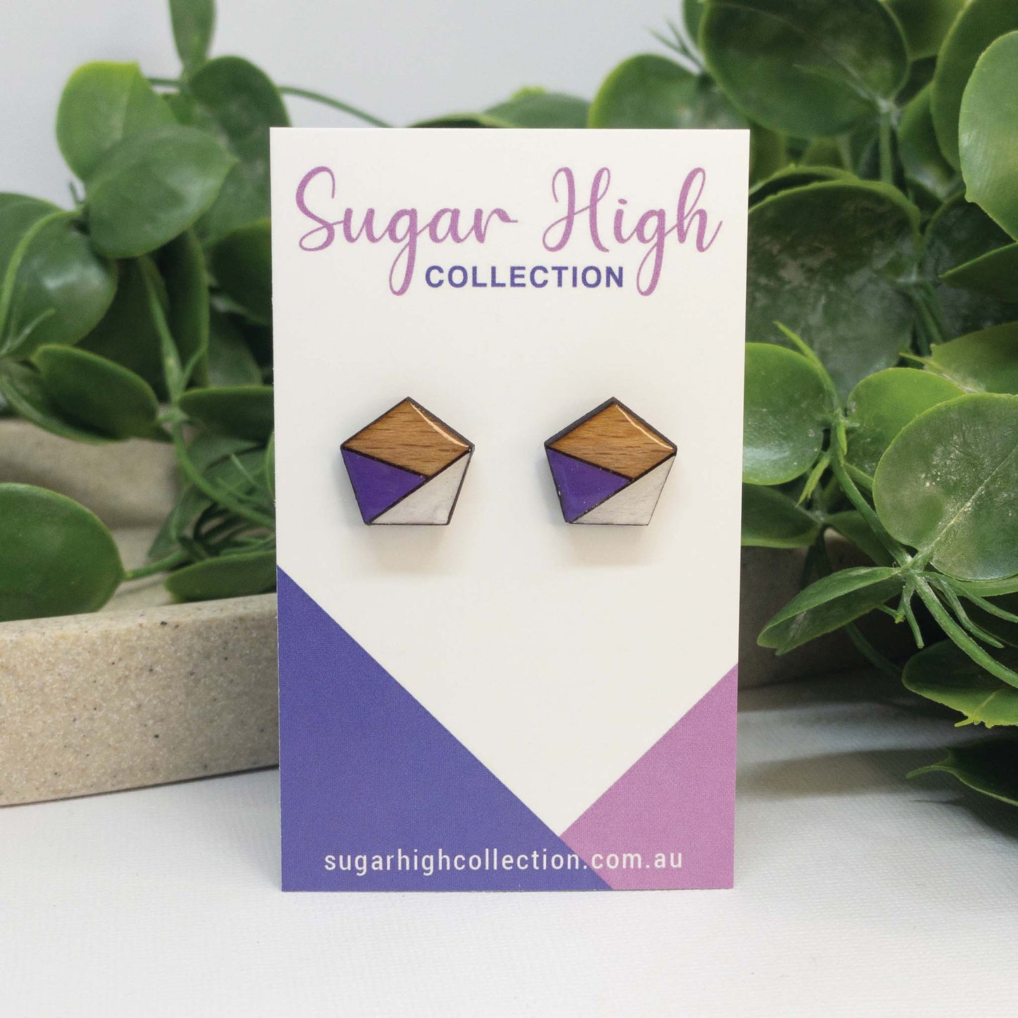 Violet + White | Wooden Stud Earrings