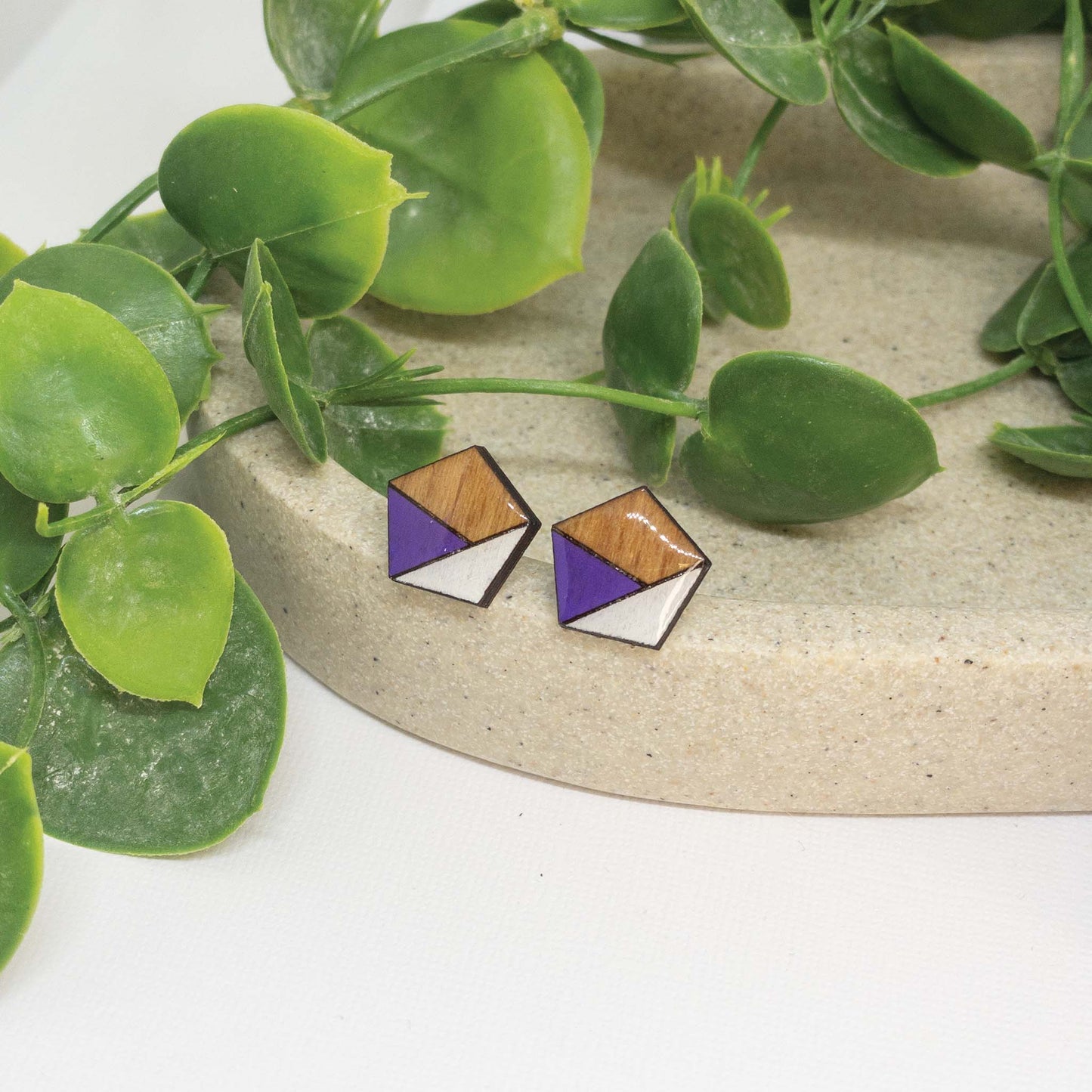 Violet + White | Wooden Stud Earrings