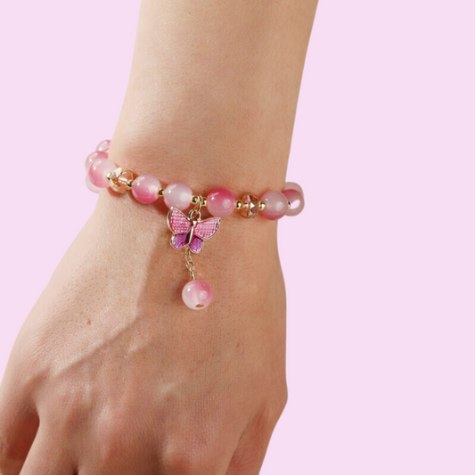 Pink Butterfly Charm | Beaded Bracelet