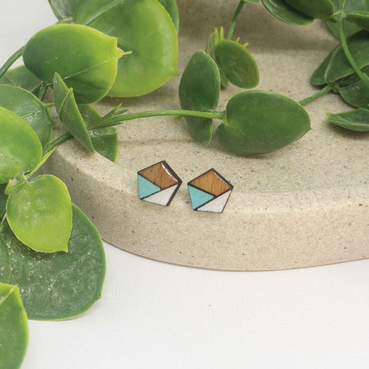 Aqua Green + White | Wooden Stud Earrings