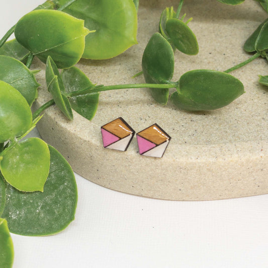 Bubblegum Pink + White | Wooden Stud Earrings