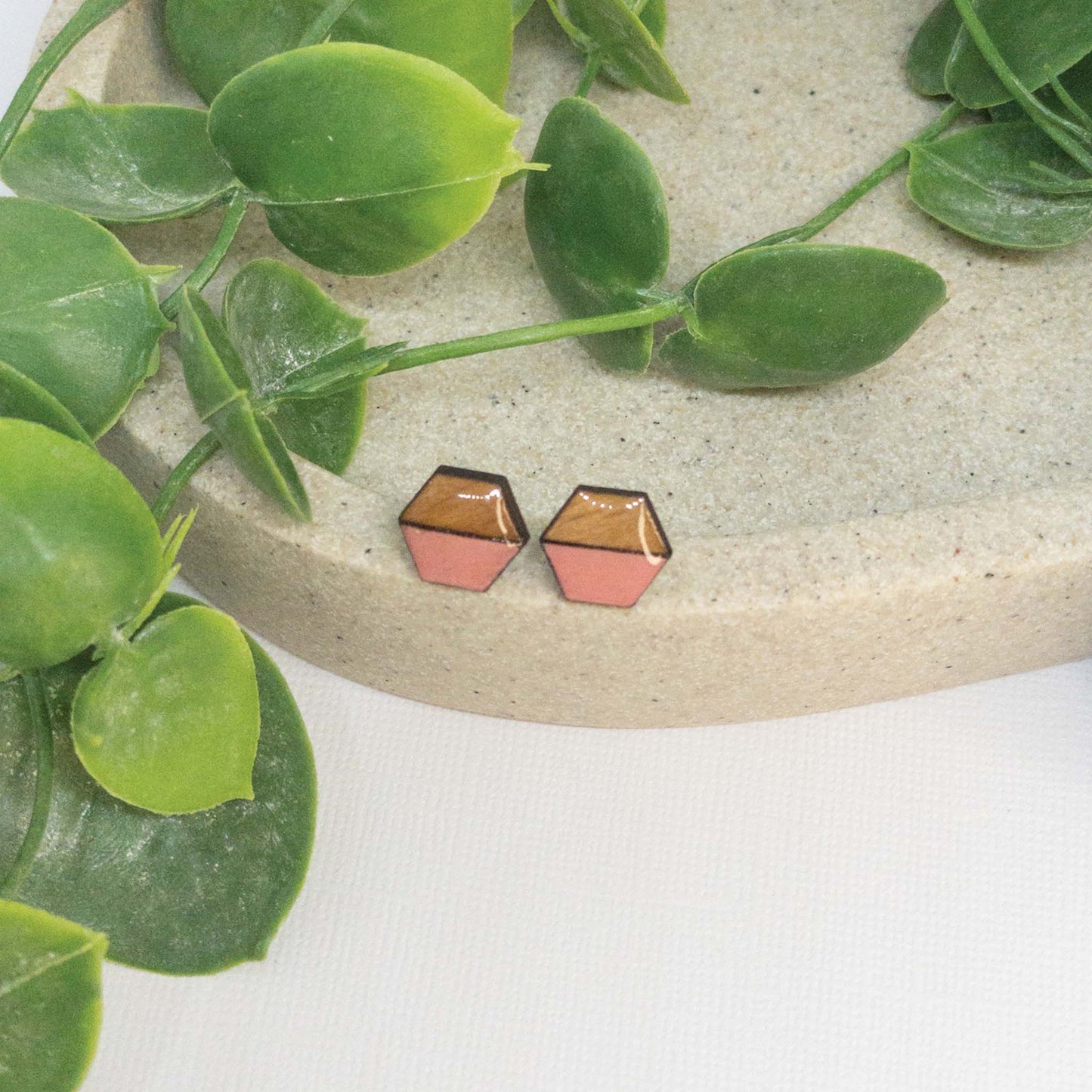 Coral Pink | Wooden Stud Earrings