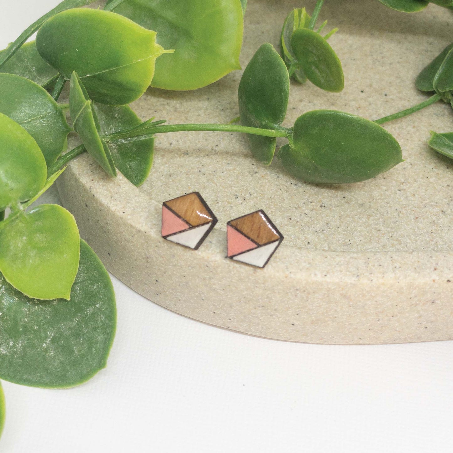 Coral Pink + White | Wooden Stud Earrings