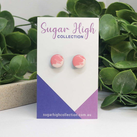 Flamingo Pink + White | Wooden Stud Earrings