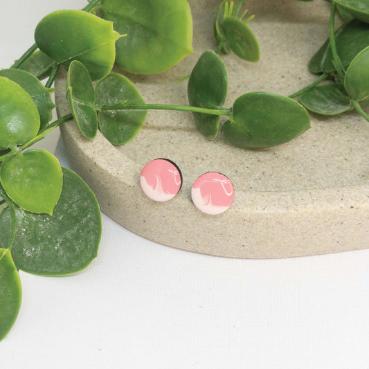 Flamingo Pink + White | Wooden Stud Earrings