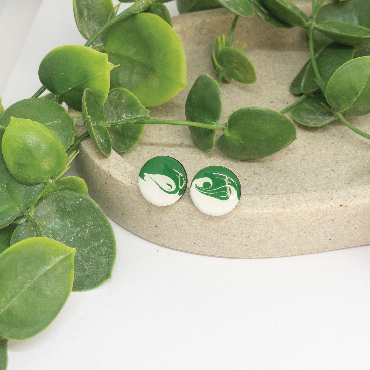Forest Green + White | Wooden Stud Earrings