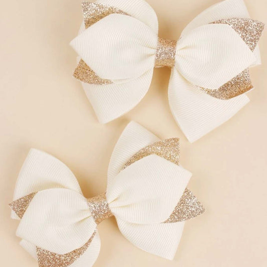 Cream + Gold Glitter | Hair Bow Clip
