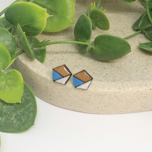 Sky Blue + White | Wooden Stud Earrings
