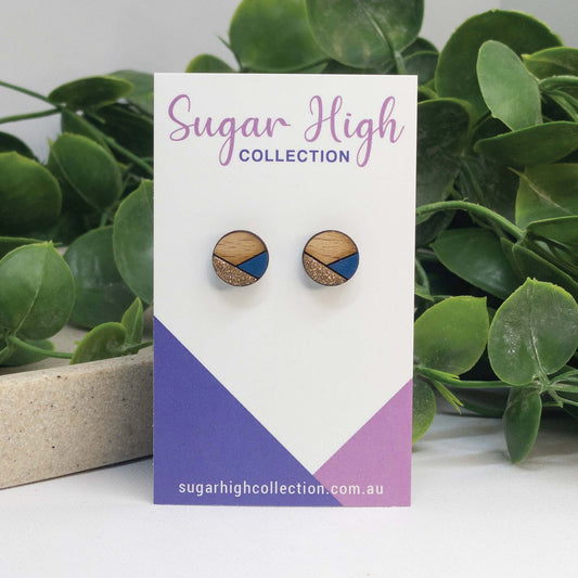 Blue Sparkle | Wooden Stud Earrings