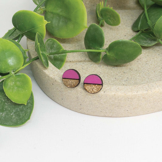 Pink Sparkle | Wooden Stud Earrings