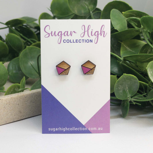 Pink Sparkle | Wooden Stud Earrings