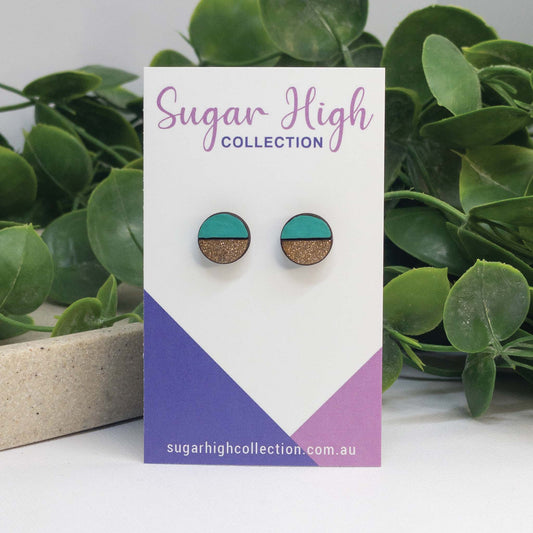 Teal Sparkle | Wooden Stud Earrings