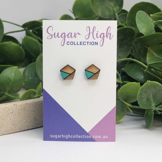 Teal Sparkle | Wooden Stud Earrings